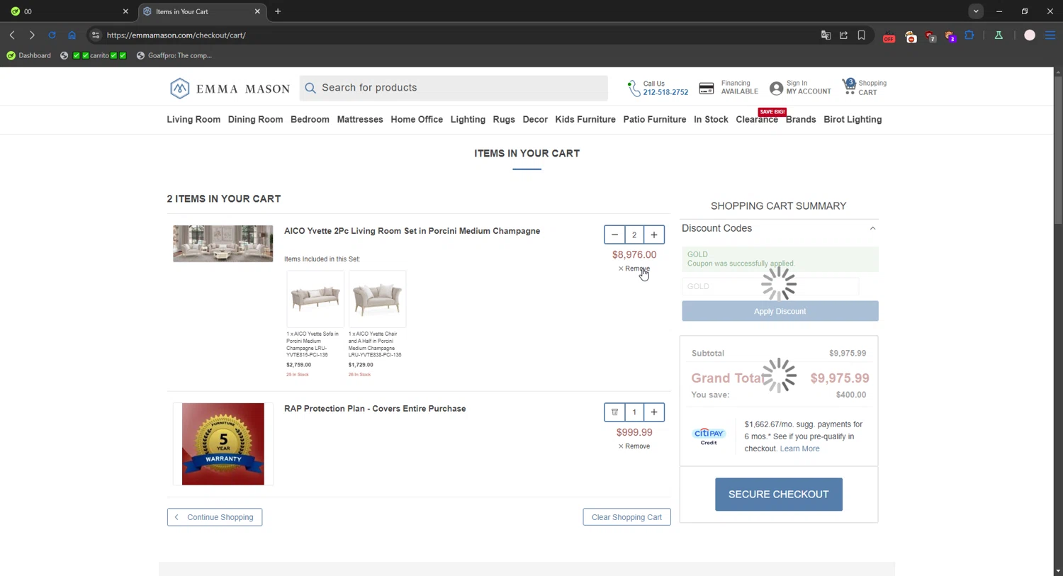 Emma Mason discount code screenshot showing code GOLD applied at Emma Mason checkout page. Uploaded by SimplyCodes community member connyshan2154 on Oct 16, 2025