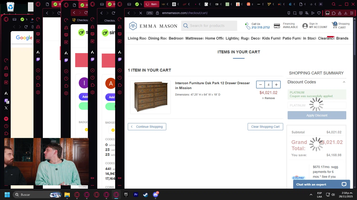 Emma Mason discount code screenshot showing code PLATINUM applied at Emma Mason checkout page. Uploaded by SimplyCodes community member Handivlak on Nov 28, 2025