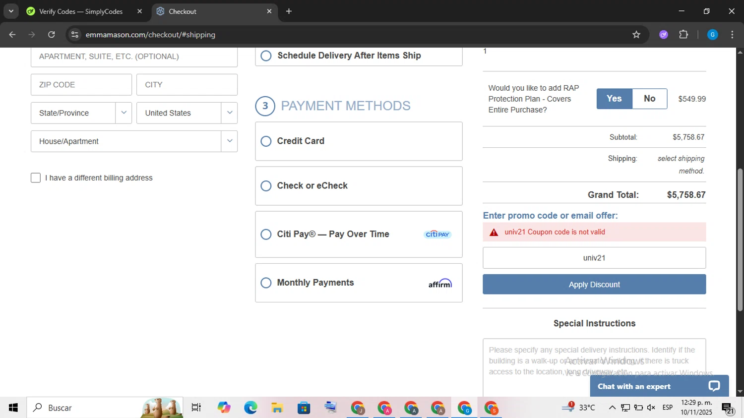 Emma Mason discount code screenshot showing code univ21 applied at Emma Mason checkout page. Uploaded by SimplyCodes community member FrugalLynx8088 on Nov 10, 2025