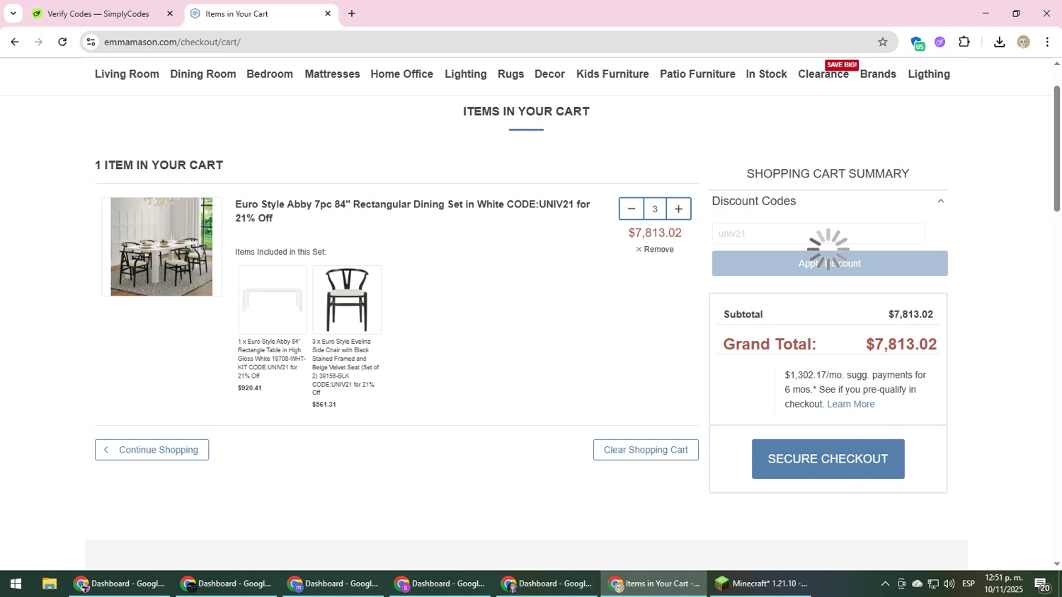 Emma Mason discount code screenshot showing code univ21 applied at Emma Mason checkout page. Uploaded by SimplyCodes community member NobleScholar4826 on Nov 10, 2025