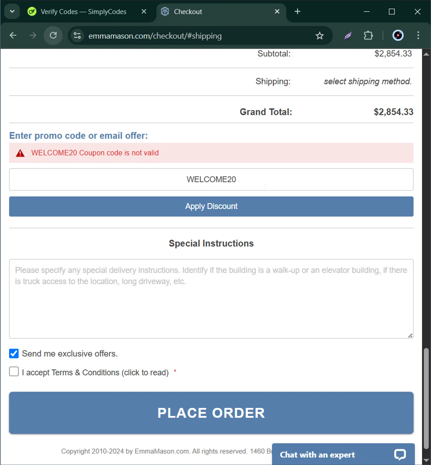 Emma Mason discount code screenshot showing code COUPONPLATINUM applied at Emma Mason checkout page. Uploaded by SimplyCodes community member Bernard_Lowe on Nov 7, 2025