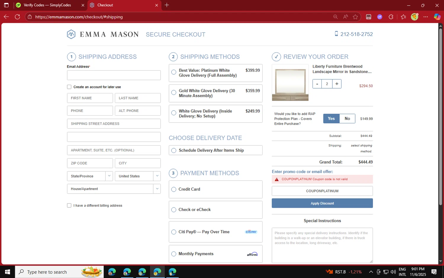Emma Mason discount code screenshot showing code COUPONPLATINUM applied at Emma Mason checkout page. Uploaded by SimplyCodes community member jvllsk2 on Nov 7, 2025