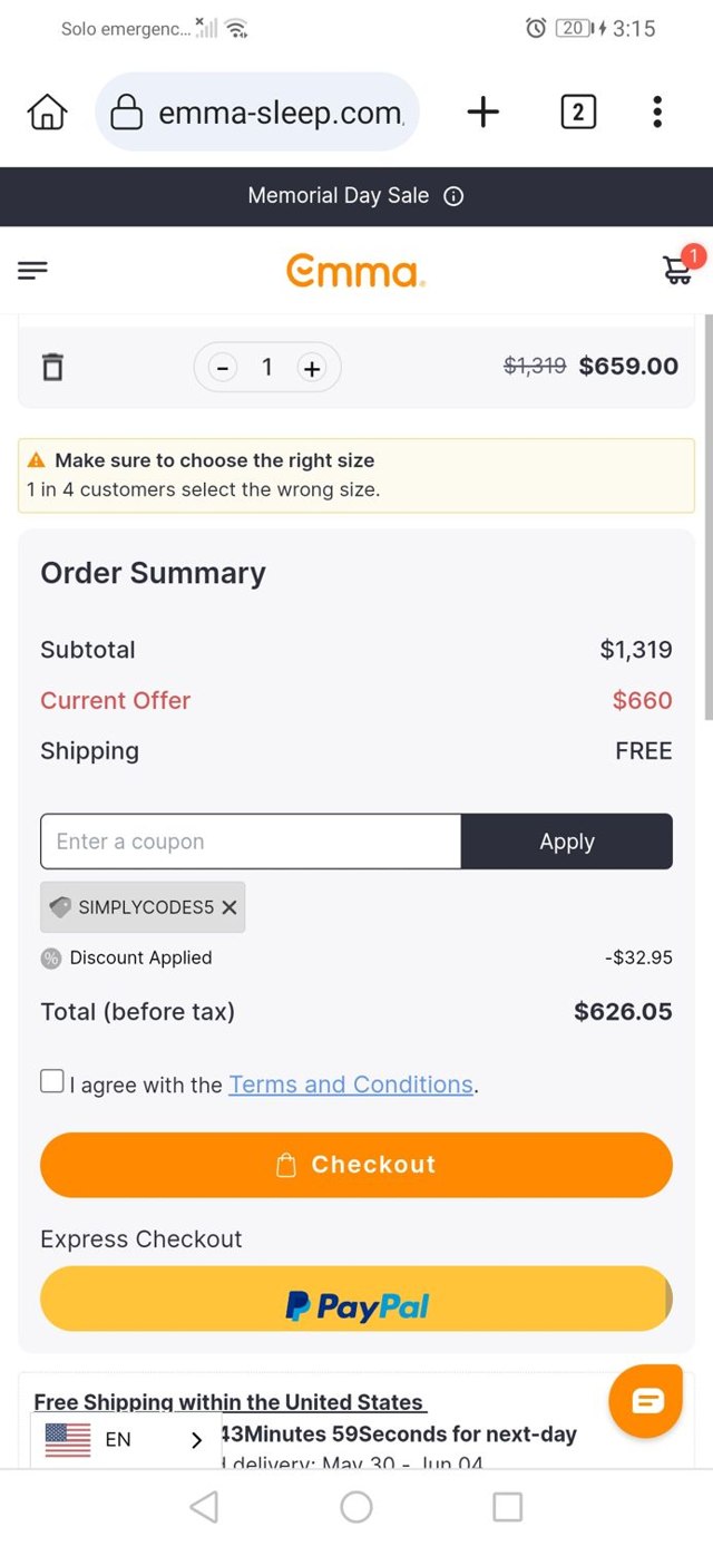 Emma Mattress US checkout page showing Emma Mattress US promo code box | Screenshot taken by SimplyCodes community member on May 27, 2024