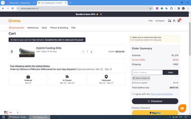 Emma Mattress US checkout page showing Emma Mattress US promo code box | Screenshot taken by SimplyCodes community member on Mar 19, 2024