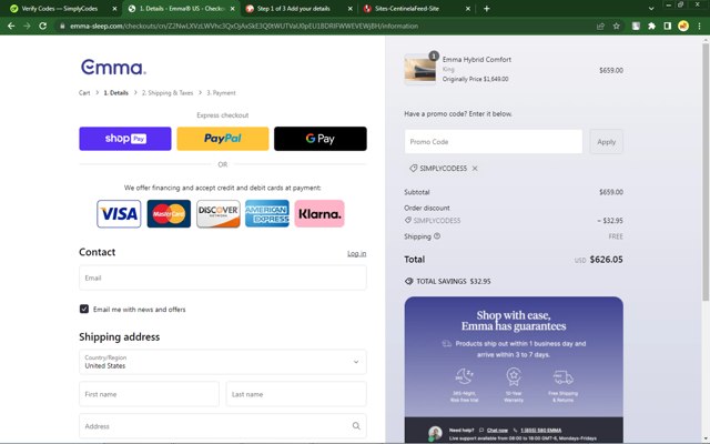 Emma Mattress US checkout page showing Emma Mattress US promo code box | Screenshot taken by SimplyCodes community member on Oct 15, 2024