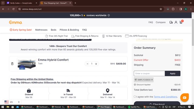 Emma Mattress US checkout page showing Emma Mattress US promo code box | Screenshot taken by SimplyCodes community member on Mar 6, 2024