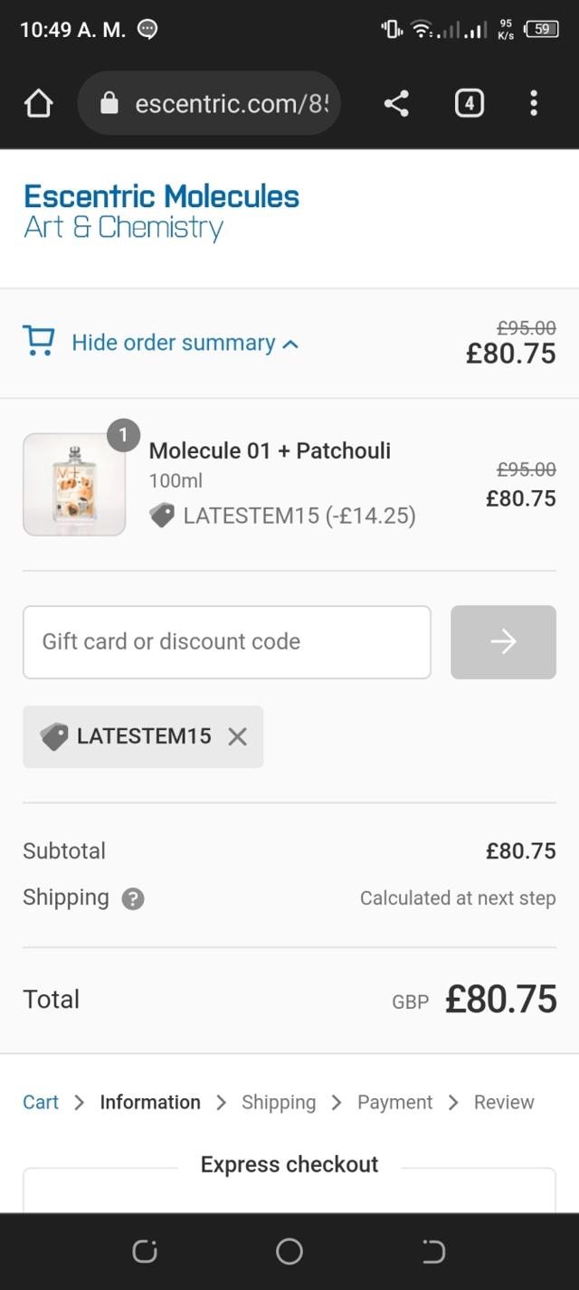 Escentric Molecules checkout page showing Escentric Molecules discount code box | Screenshot taken by SimplyCodes community member on Sep 3, 2022