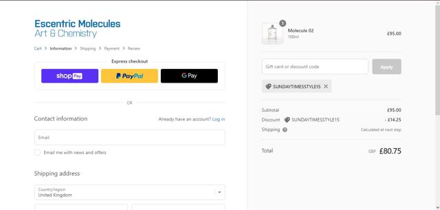 Escentric Molecules checkout page showing Escentric Molecules discount code box | Screenshot taken by SimplyCodes community member on Mar 4, 2023