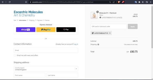 Escentric Molecules checkout page showing Escentric Molecules discount code box | Screenshot taken by SimplyCodes community member on Feb 22, 2023