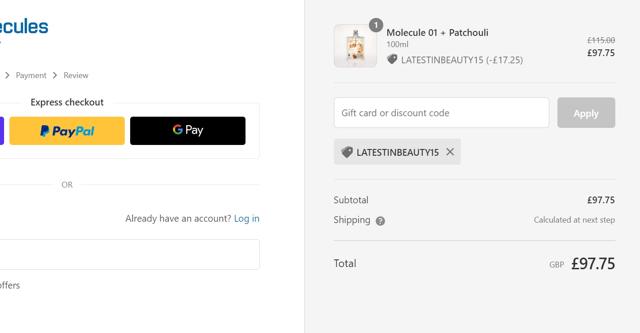 Escentric Molecules checkout page showing Escentric Molecules discount code box | Screenshot taken by SimplyCodes community member on Mar 23, 2023
