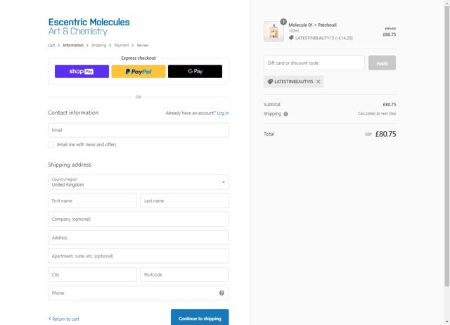 Escentric Molecules checkout page showing Escentric Molecules discount code box | Screenshot taken by SimplyCodes community member on Jan 24, 2023