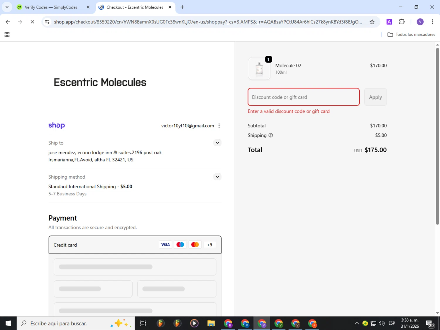 Escentric Molecules promo code screenshot showing code 20OFF11112025 applied at Escentric Molecules checkout page. Uploaded by SimplyCodes community member Gianpiero on Jan 31, 2026