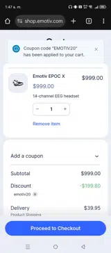 EMOTIV20 coupon verification screenshot