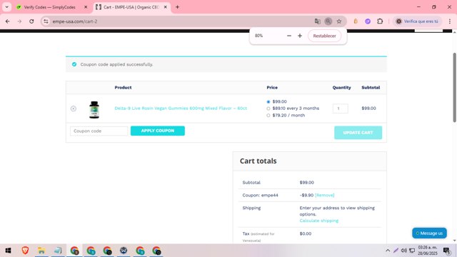 Empe checkout page showing Empe promo code box | Screenshot taken by SimplyCodes community member on Jun 28, 2025