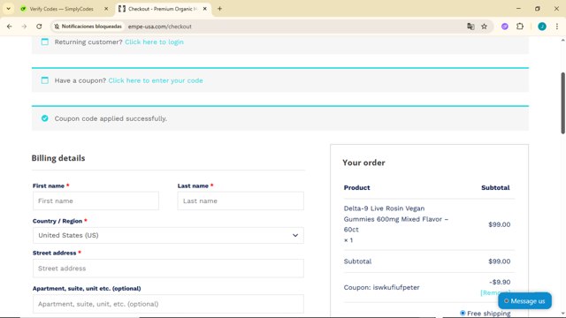 Empe checkout page showing Empe promo code box | Screenshot taken by SimplyCodes community member on Aug 25, 2025