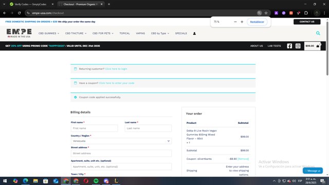 Empe checkout page showing Empe promo code box | Screenshot taken by SimplyCodes community member on Jun 28, 2025