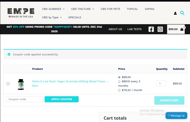 Empe checkout page showing Empe promo code box | Screenshot taken by SimplyCodes community member on Aug 25, 2025