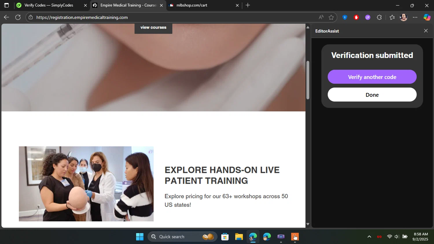 Empire Medical Training discount code screenshot showing code EMT75OFF applied at Empire Medical Training checkout page. Uploaded by SimplyCodes community member Blackleg_Sanji on Sep 2, 2025
