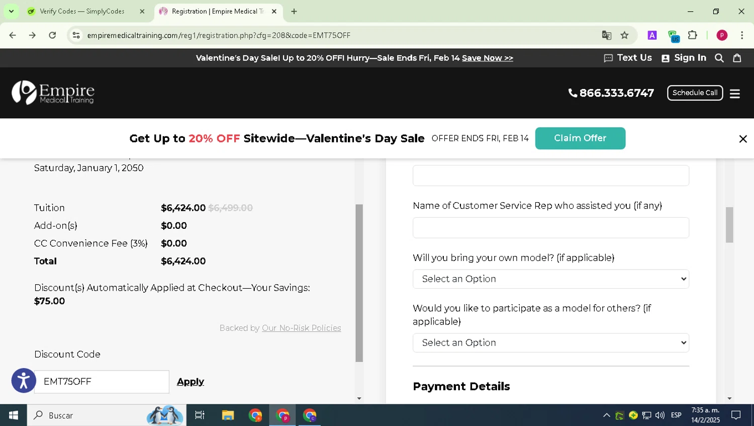Empire Medical Training discount code screenshot showing code EMT75OFF applied at Empire Medical Training checkout page. Uploaded by SimplyCodes community member Paul_Skenes on Feb 14, 2025