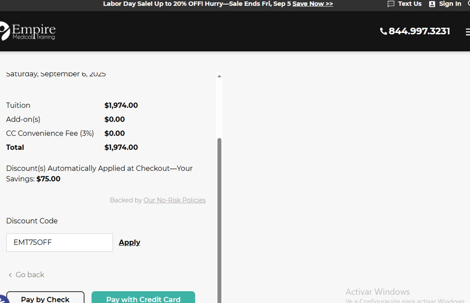Empire Medical Training discount code screenshot showing code EMT75OFF applied at Empire Medical Training checkout page. Uploaded by SimplyCodes community member VictoriousElite9587 on Sep 2, 2025