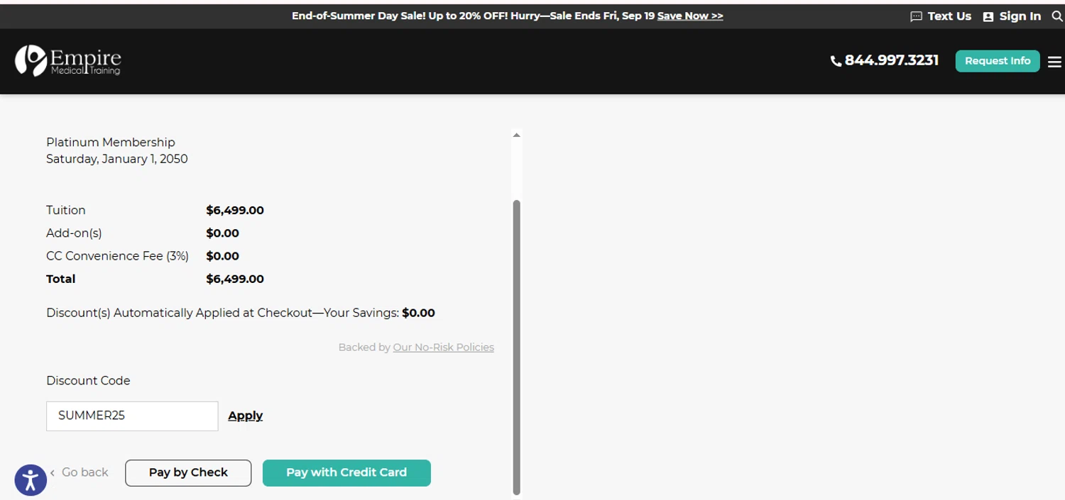 Empire Medical Training checkout page showing Empire Medical Training discount code box | Screenshot taken by SimplyCodes community member on Sep 17, 2025