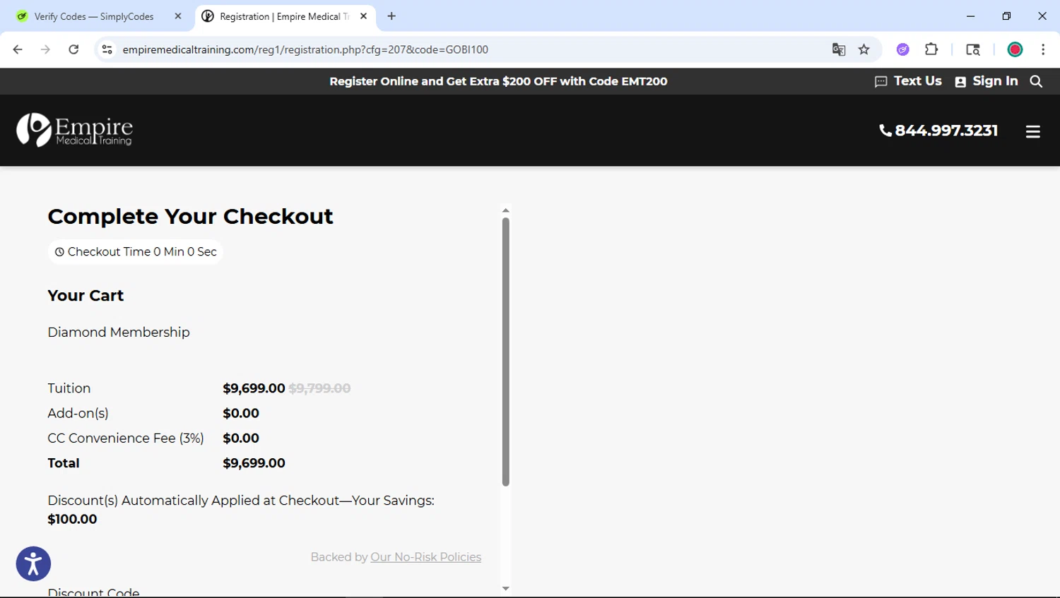 Empire Medical Training discount code screenshot showing code GOBI100 applied at Empire Medical Training checkout page. Uploaded by SimplyCodes community member DiscountSentinel4513 on Dec 4, 2025