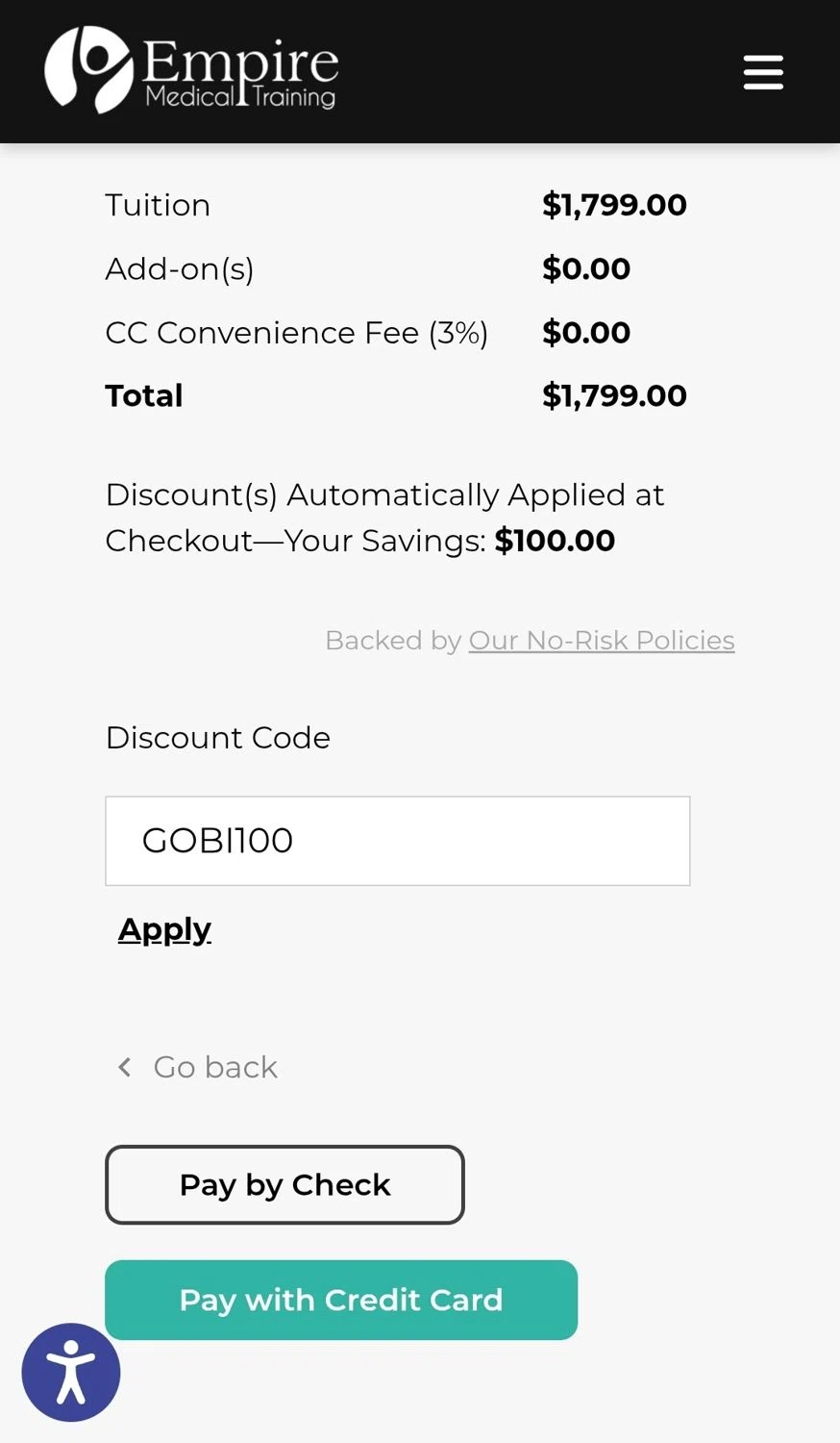Empire Medical Training discount code screenshot showing code GOBI100 applied at Empire Medical Training checkout page. Uploaded by SimplyCodes community member WiseCaptain5299 on Jan 2, 2026