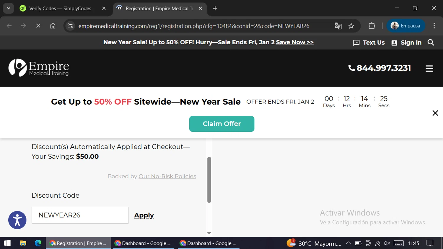 Empire Medical Training checkout page showing Empire Medical Training discount code box | Screenshot taken by SimplyCodes community member on Jan 2, 2026