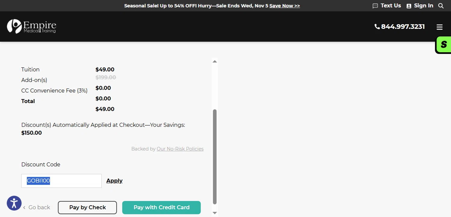 Empire Medical Training discount code screenshot showing code GOBI100 applied at Empire Medical Training checkout page. Uploaded by SimplyCodes community member ESTHER3121 on Nov 5, 2025