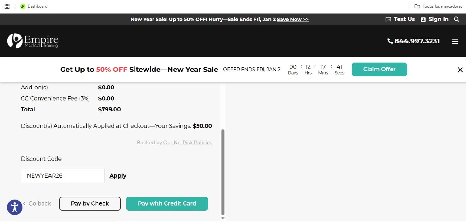 Empire Medical Training discount code screenshot showing code NEWYEAR26 applied at Empire Medical Training checkout page. Uploaded by SimplyCodes community member Speedy on Jan 2, 2026