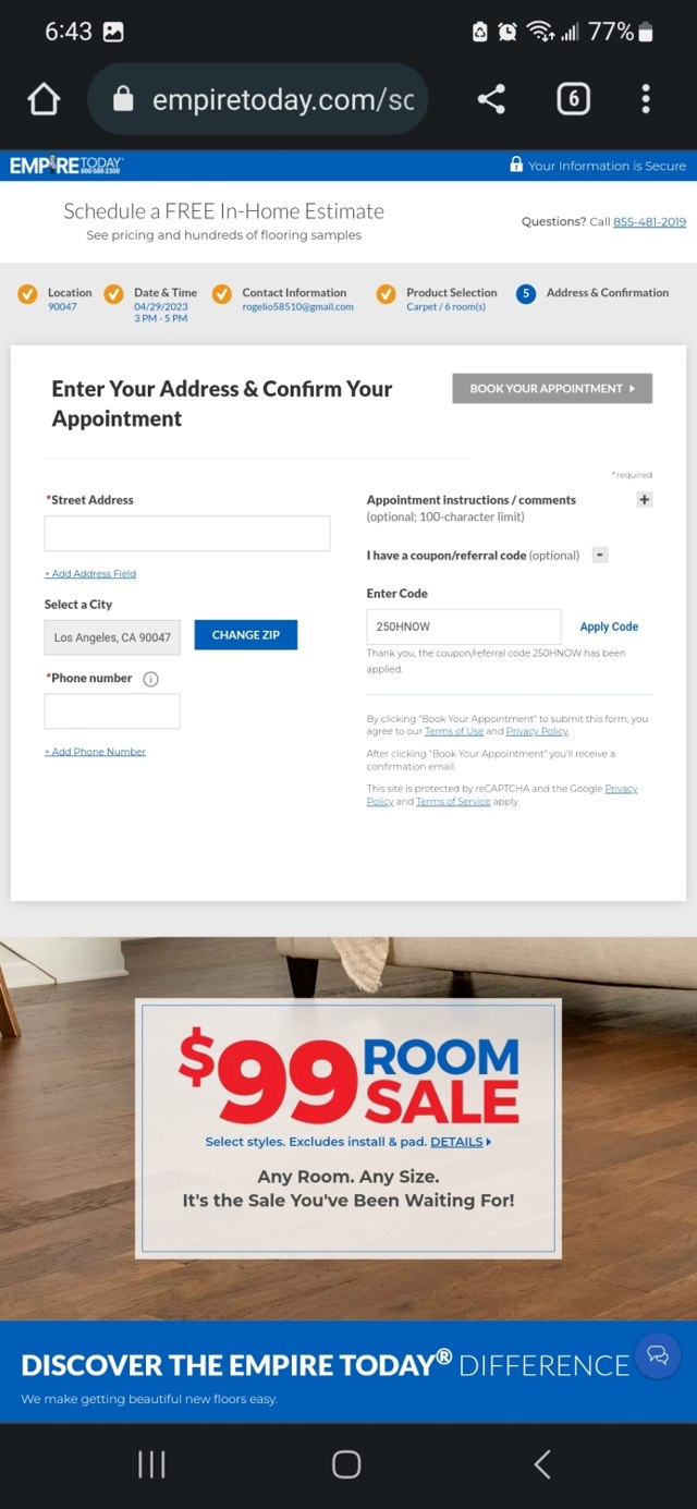Empire Today checkout page showing Empire Today promo code box | Screenshot taken by SimplyCodes community member on Apr 28, 2023