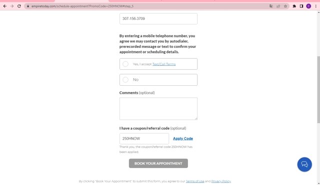 Empire Today checkout page showing Empire Today promo code box | Screenshot taken by SimplyCodes community member on Jul 24, 2023