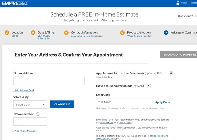 Empire Today checkout page showing Empire Today promo code box | Screenshot taken by SimplyCodes community member on May 17, 2023