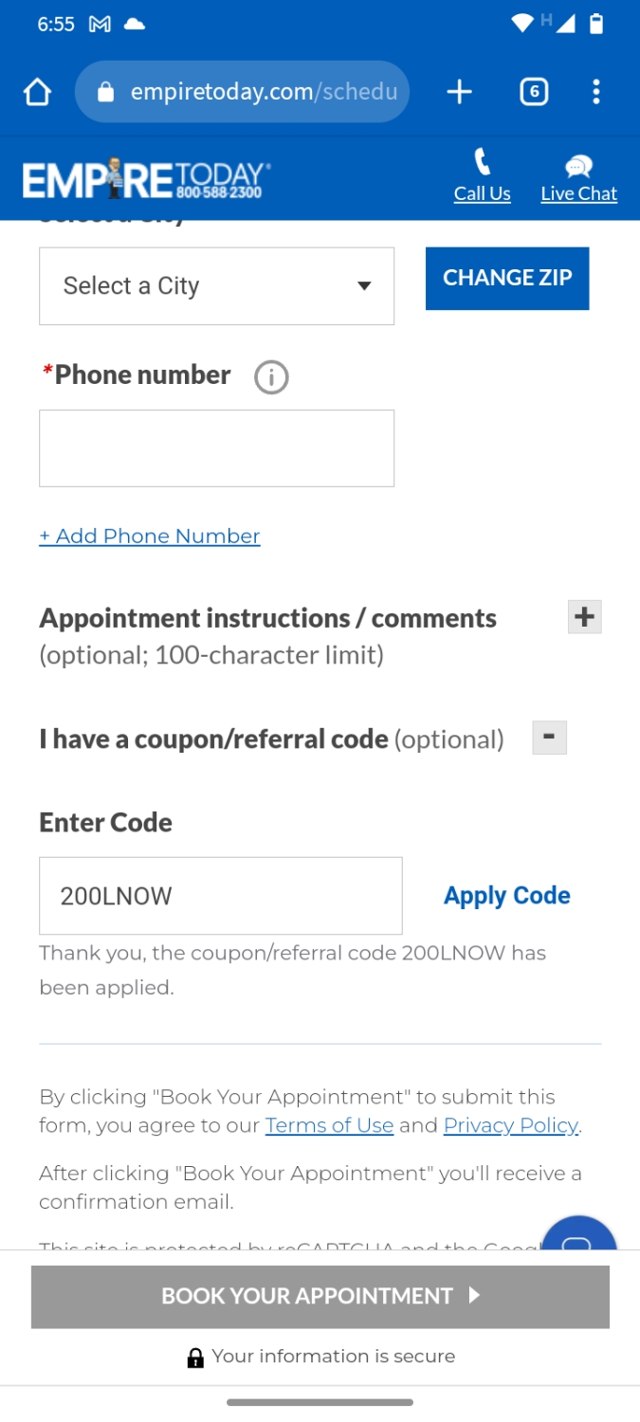 Empire Today checkout page showing Empire Today promo code box | Screenshot taken by SimplyCodes community member on Mar 30, 2023