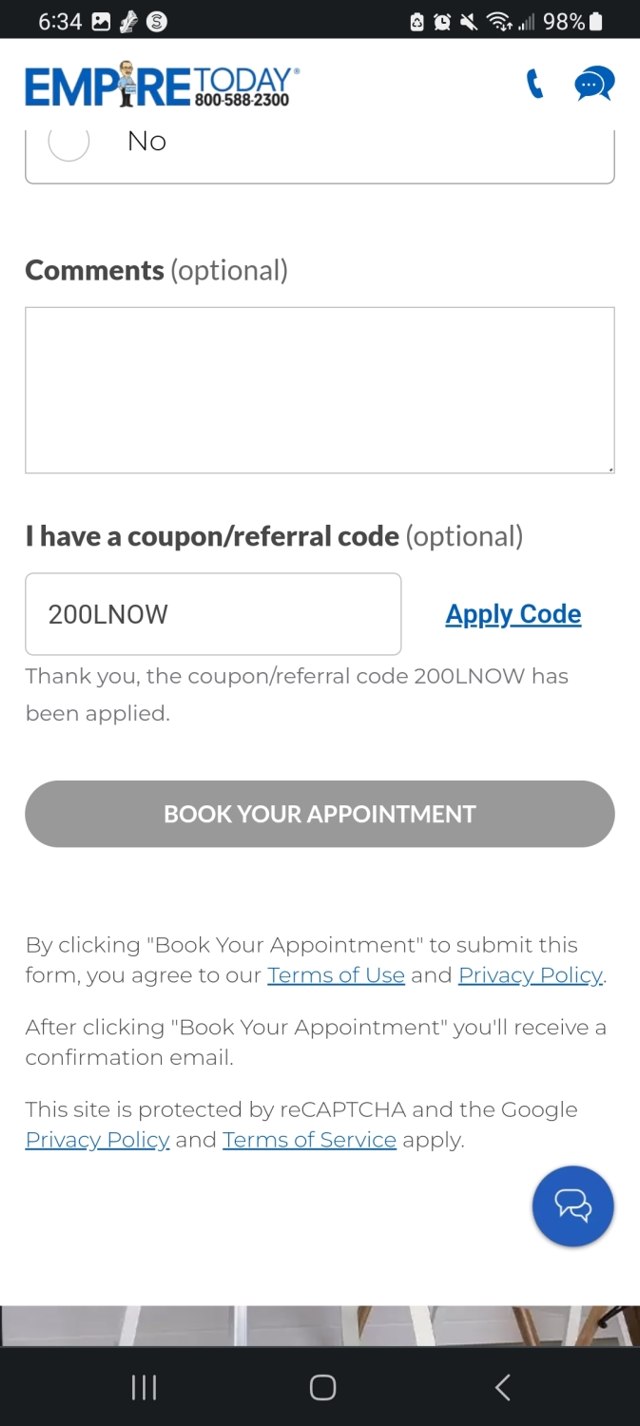 Empire Today checkout page showing Empire Today promo code box | Screenshot taken by SimplyCodes community member on Jun 15, 2023