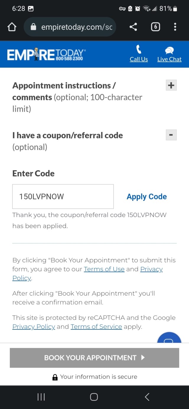 Empire Today checkout page showing Empire Today promo code box | Screenshot taken by SimplyCodes community member on Apr 28, 2023