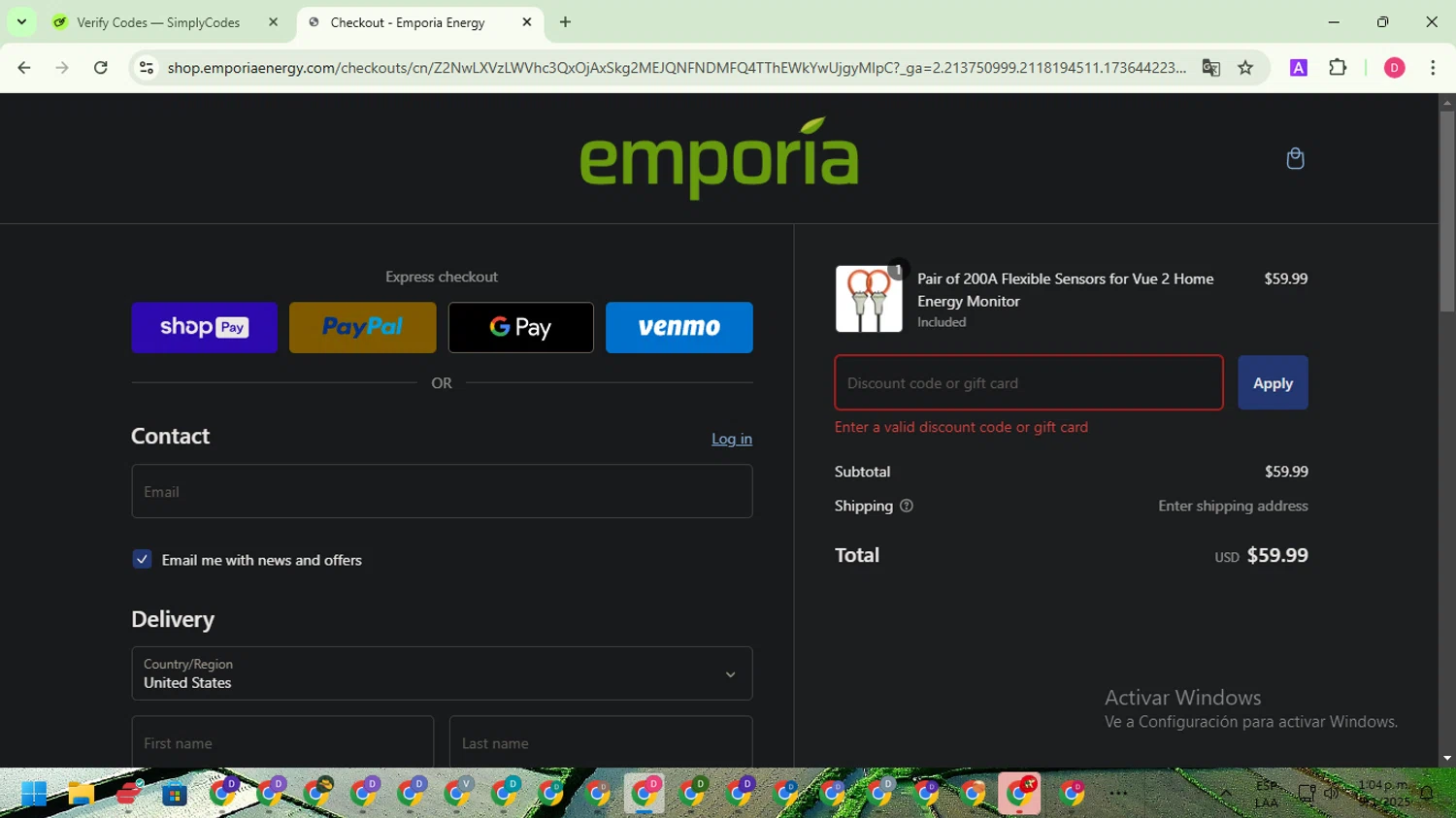 Emporia discount code screenshot showing code energymonitor10 applied at Emporia checkout page. Uploaded by SimplyCodes community member WiseAdmiral7334 on Jan 9, 2025