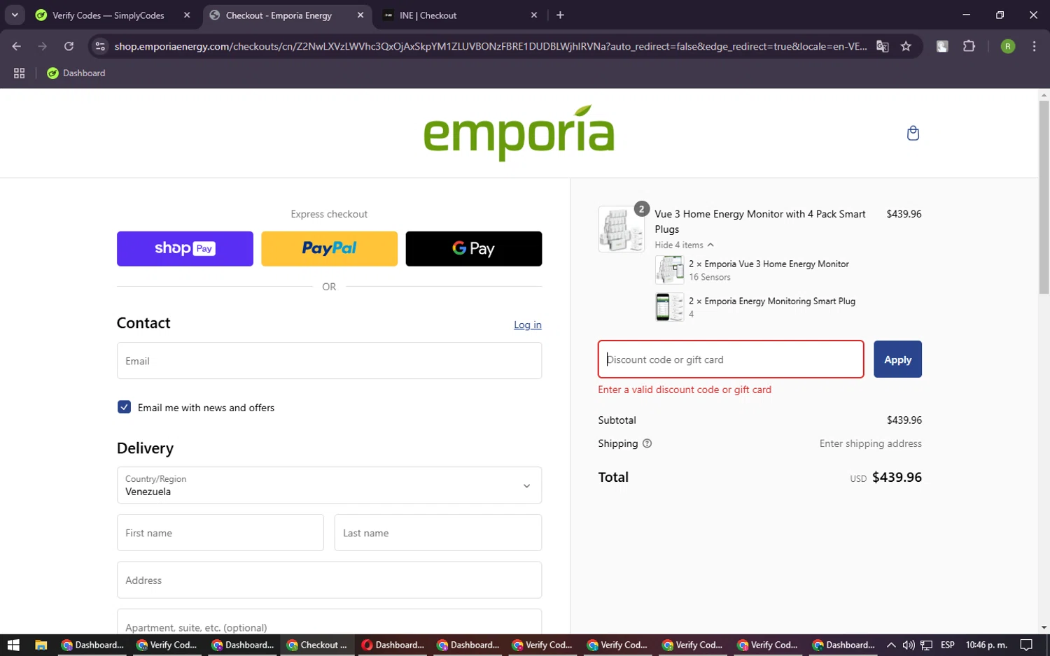 Emporia discount code screenshot showing code energymonitor10 applied at Emporia checkout page. Uploaded by SimplyCodes community member CouponRanger9482 on Jan 31, 2025