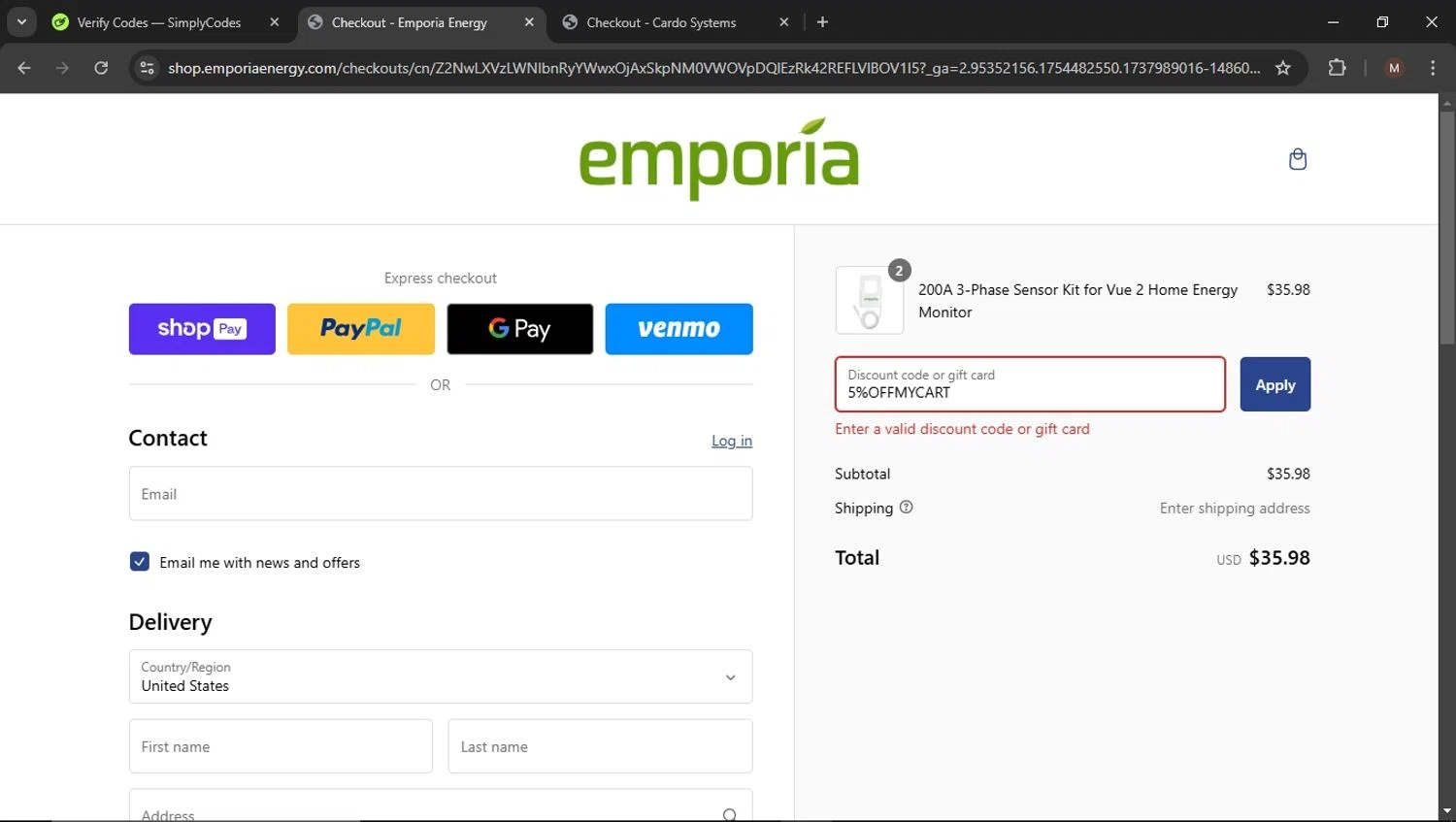 Emporia discount code screenshot showing code 5%OFFMYCART applied at Emporia checkout page. Uploaded by SimplyCodes community member SaleSentinel3142 on Jan 27, 2025