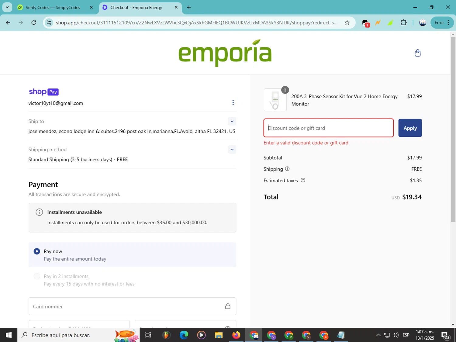 Emporia discount code screenshot showing code DIYSOLAR applied at Emporia checkout page. Uploaded by SimplyCodes community member Soyvictor on Jan 13, 2025