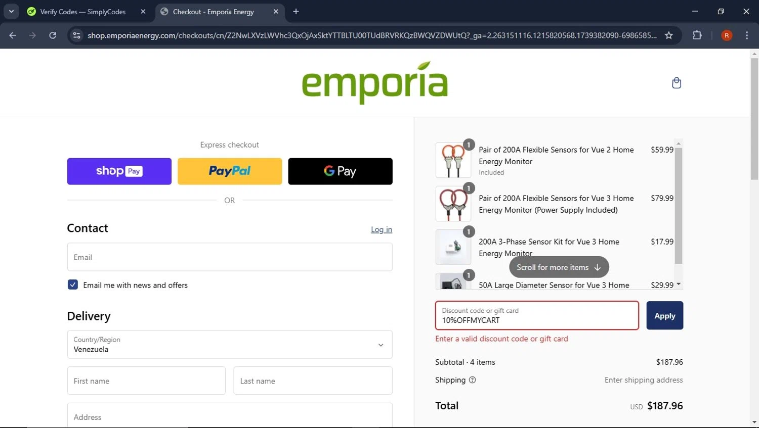 Emporia discount code screenshot showing code 10%OFFMYCART applied at Emporia checkout page. Uploaded by SimplyCodes community member CoinPro7401 on Feb 12, 2025