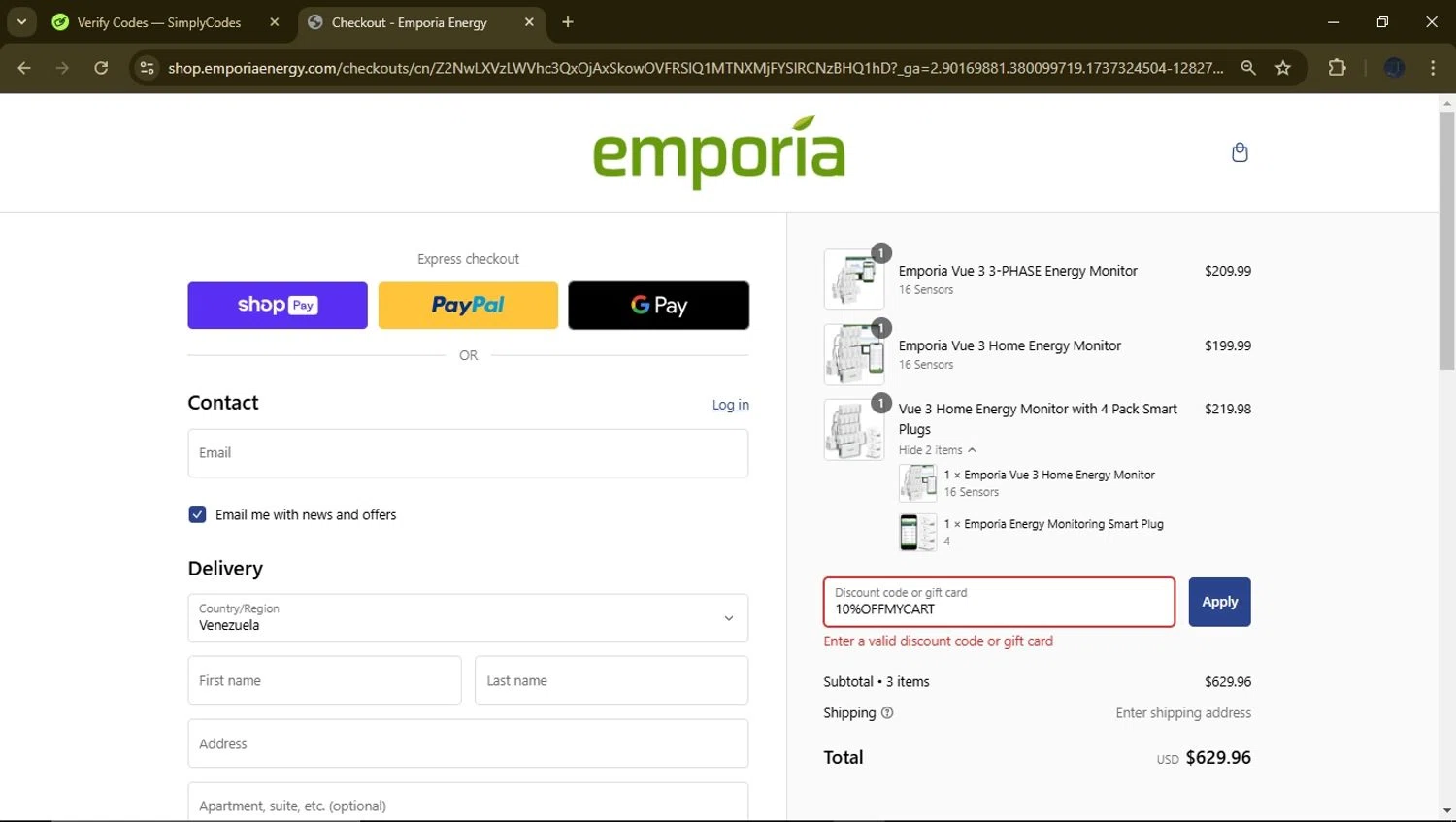 Emporia discount code screenshot showing code 10%OFFMYCART applied at Emporia checkout page. Uploaded by SimplyCodes community member GloriousFinder8415 on Jan 19, 2025