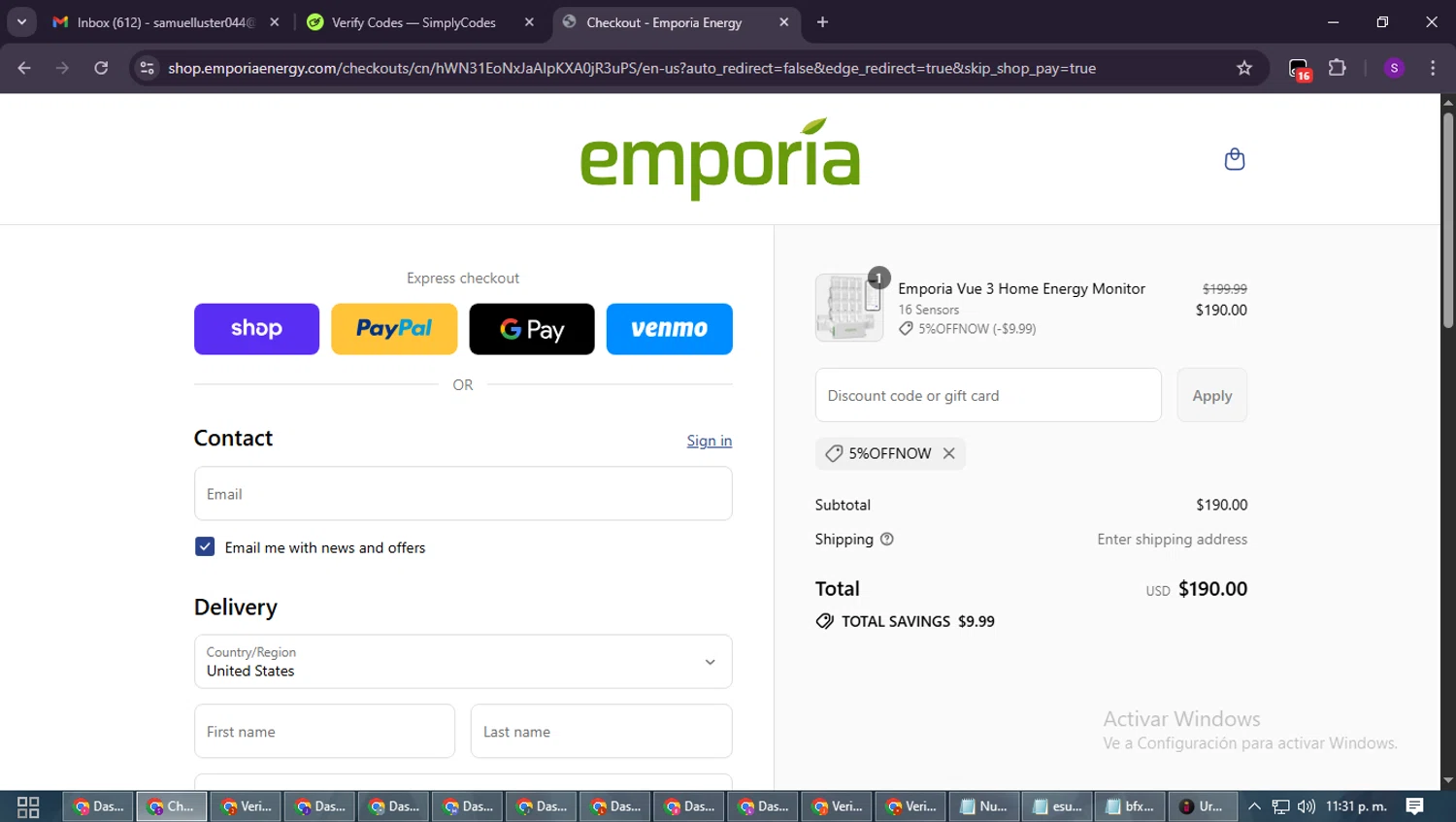 Emporia checkout page showing Emporia discount code box | Screenshot taken by SimplyCodes community member on Sep 15, 2025
