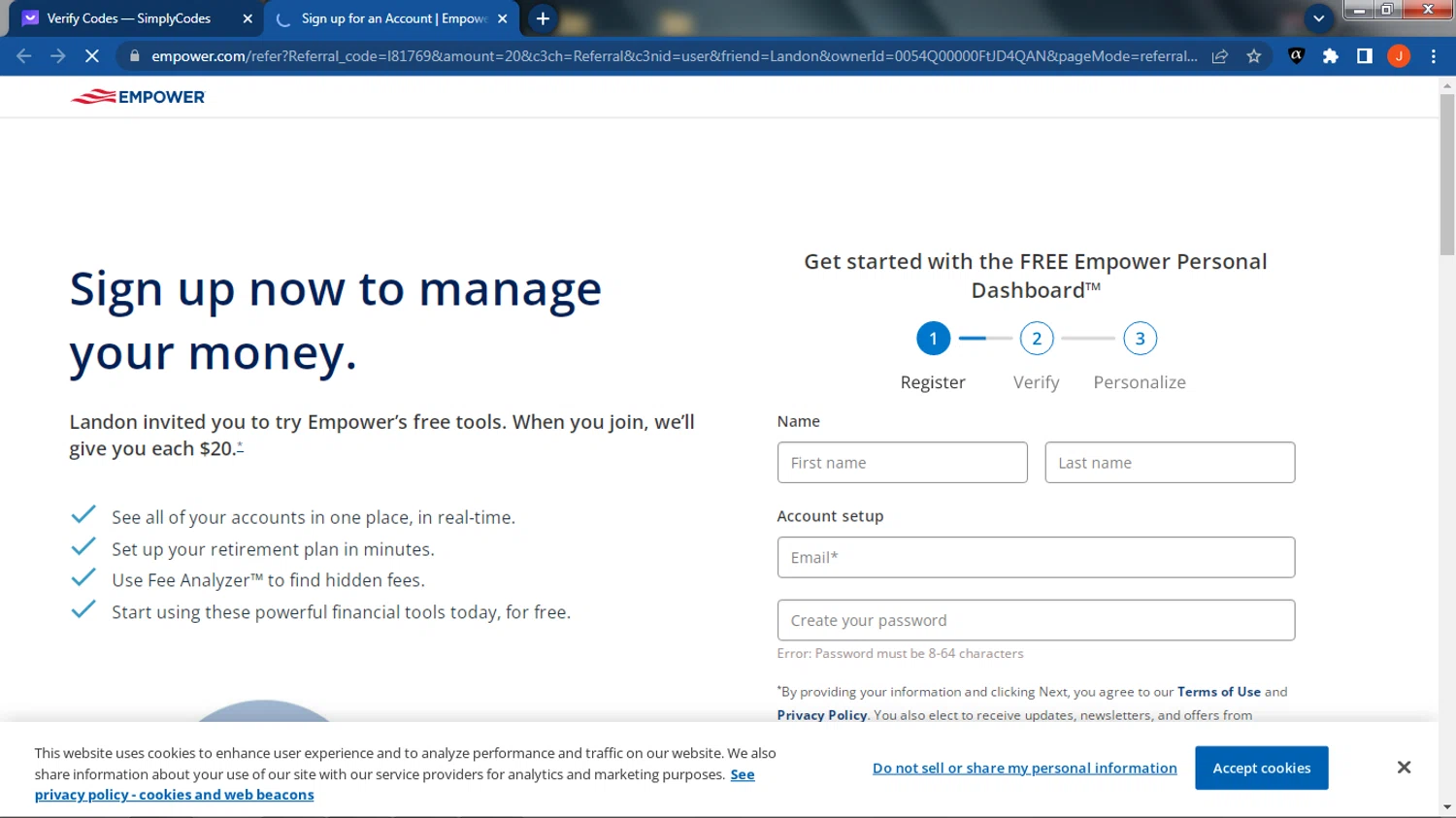 Empower checkout page showing Empower promo code box | Screenshot taken by SimplyCodes community member on Jan 22, 2024