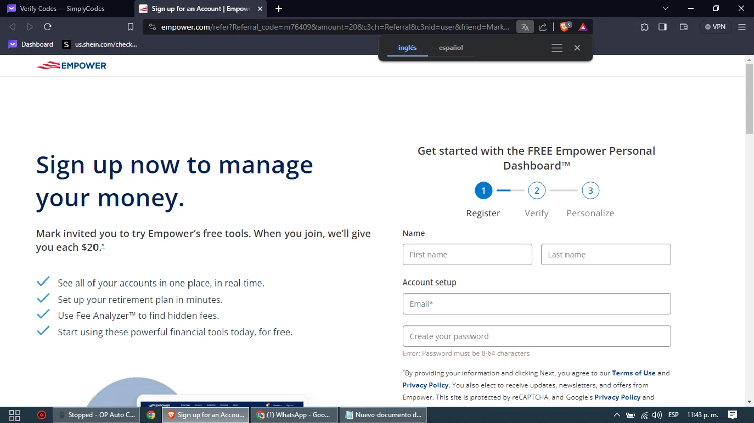 Empower checkout page showing Empower promo code box | Screenshot taken by SimplyCodes community member on Jan 17, 2024