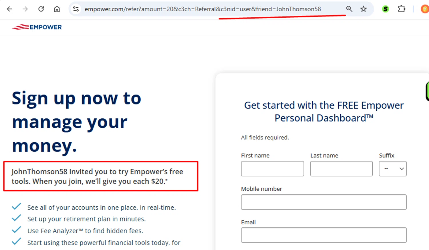Empower promo code screenshot showing code JohnThomson58 applied at Empower checkout page. Uploaded by SimplyCodes community member carmennoviko on Dec 20, 2025