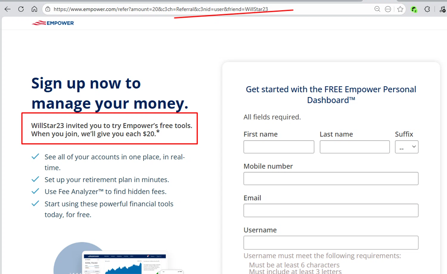 Empower promo code screenshot showing code WillStar23 applied at Empower checkout page. Uploaded by SimplyCodes community member morella687 on Feb 19, 2026