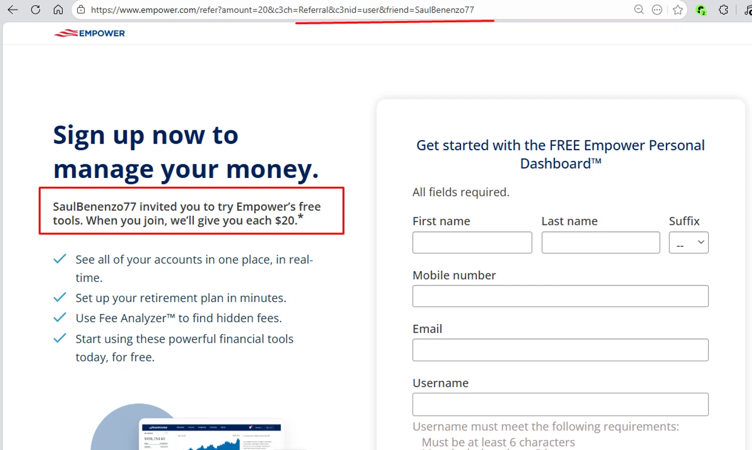 Empower promo code screenshot showing code SaulBenenzo77 applied at Empower checkout page. Uploaded by SimplyCodes community member paola49520 on Feb 7, 2026