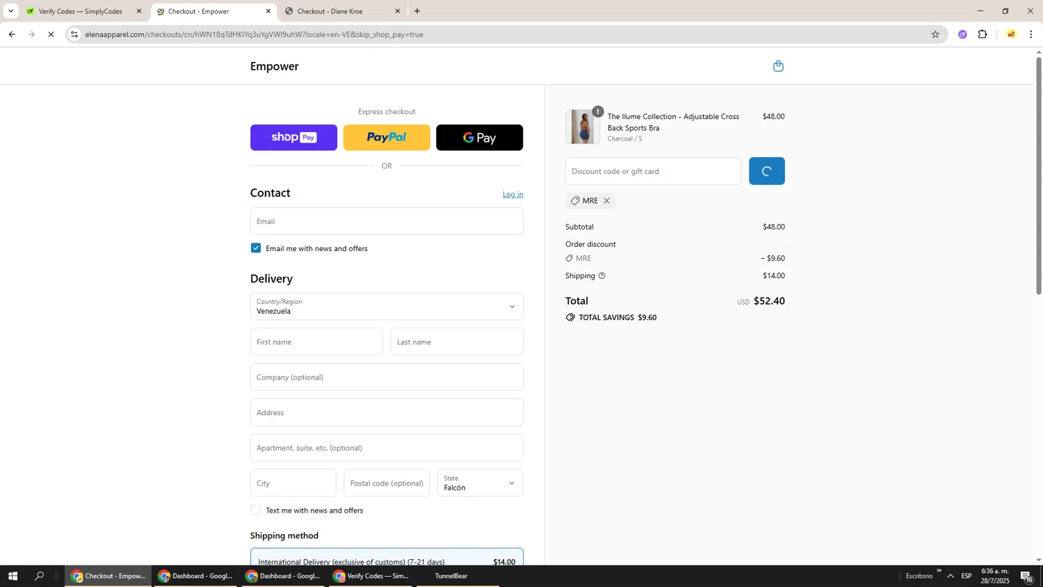 Elena Apparel promo code screenshot showing code MRE applied at Elena Apparel checkout page. Uploaded by SimplyCodes community member Richard251 on Jul 28, 2025
