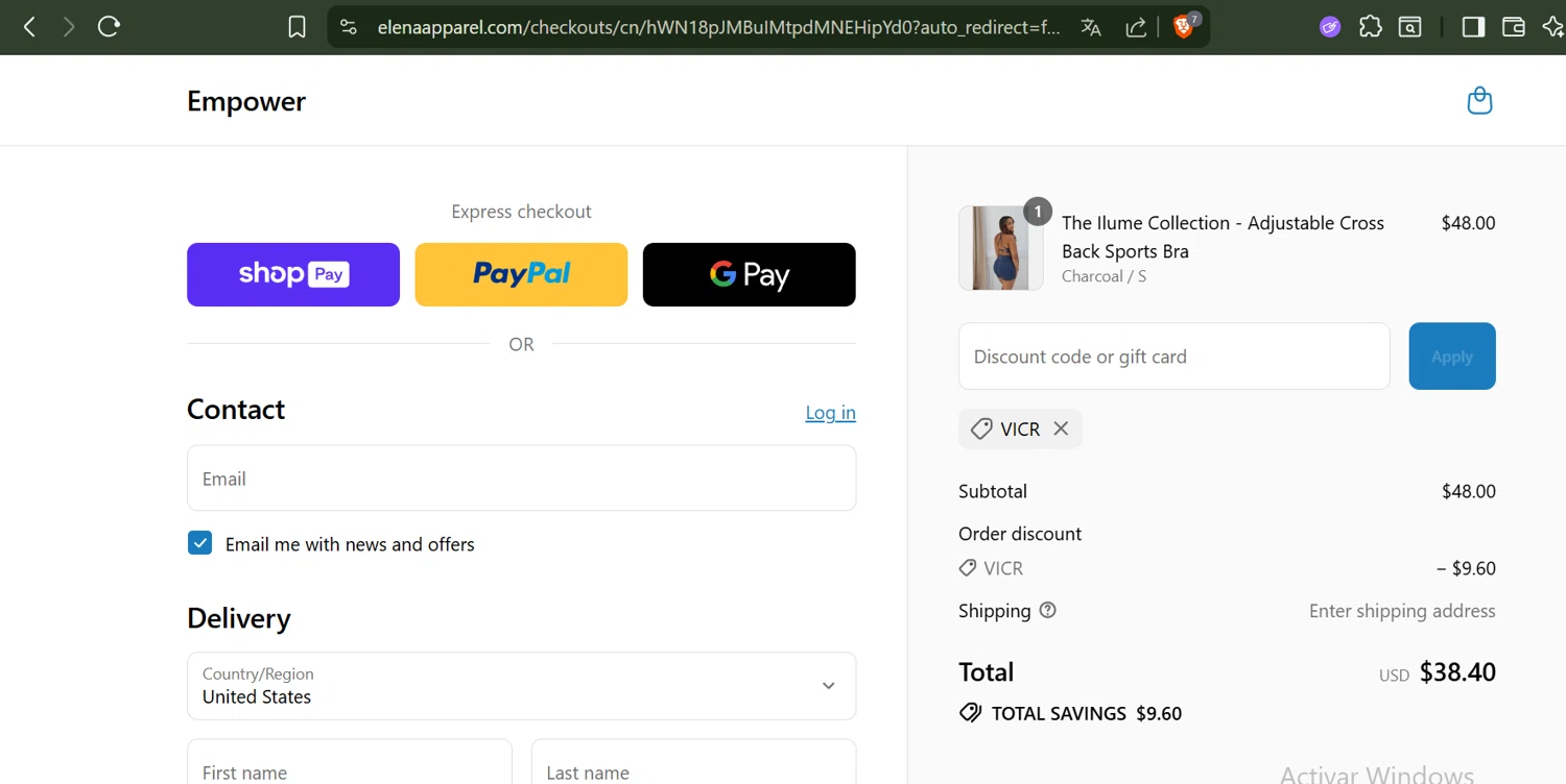 Elena Apparel checkout page showing Elena Apparel promo code box | Screenshot taken by SimplyCodes community member on Jul 28, 2025